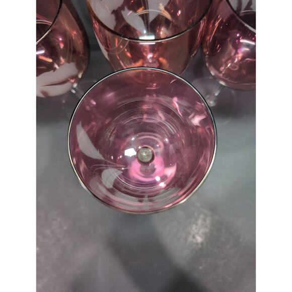 Cranberry Red Wine‎ Glasses, White Etched Flowers, Set Of 4, 7.75" H, Elegant - Picture 6 of 9